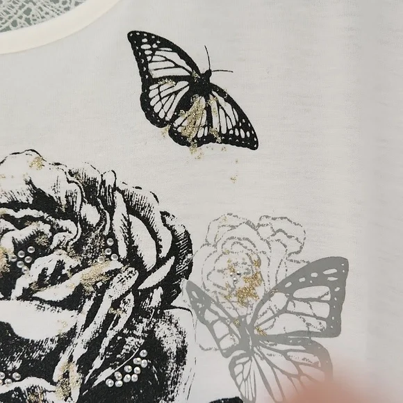 Lavaral Reves, Woman's,One Size, White  Floal& Butterfly Design, Lace inser Back - Picture 5 of 10